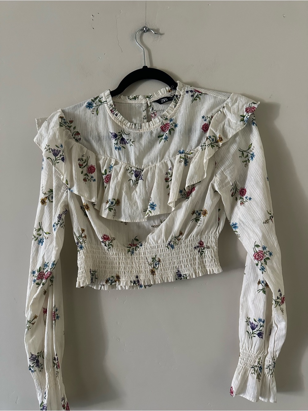 Zara White Floral Ruffle Smocked Waist Blouse
